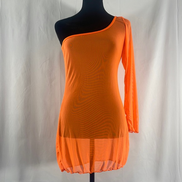 Other - Orange bodycon,mesh,see through,sexy swimsuit cover, one shoulder ,dress, Large